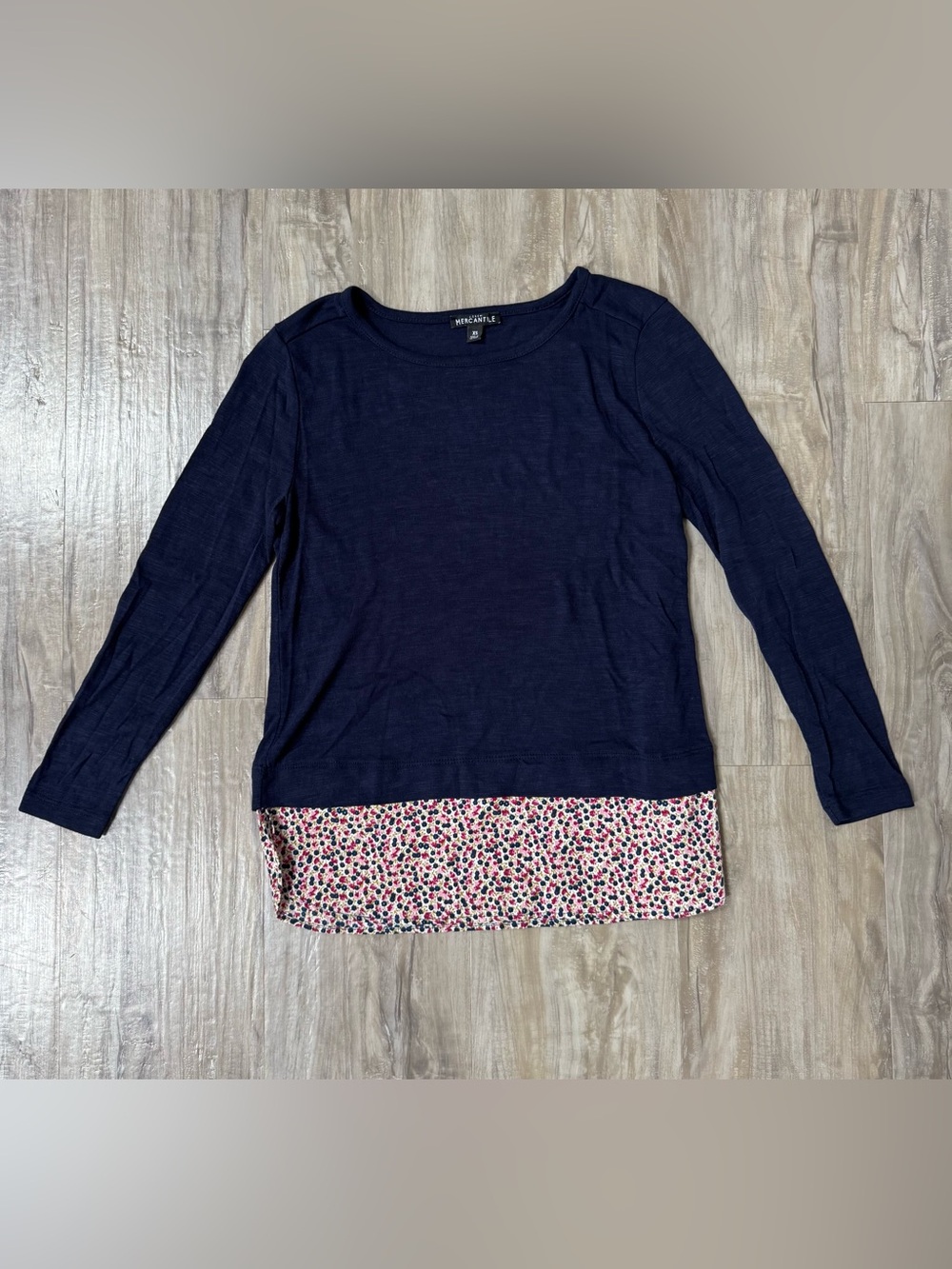 J. Crew Mercantile Navy Layered-Look Long Sleeve Top with Floral Hem